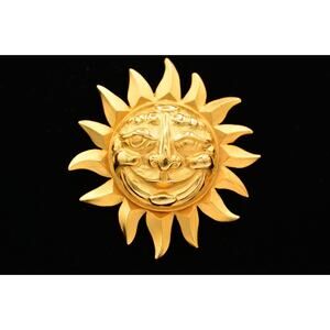 MJ Ent Vintage Sun Face Pin Brooch Brushed Gold Matte Chunky Signed 1980s BinB